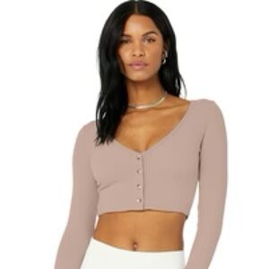 ALO Ribbed Cropped Whisper Cardigan- Dusty Pink Small